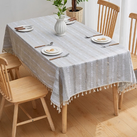 Nappe Mélange Coton Lin Évidée Frange Gland Rectangulaire Français Rétro Pastoral Rayé Pour Table À Manger Couverture Meuble