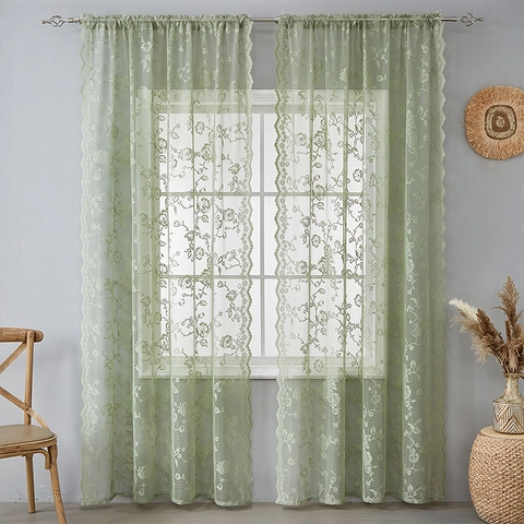 French Vintage Lace Curtains Floral Rose Embroidery Sheer Window Drapes Scalloped Edge Rod Pocket Room Decor