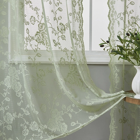 French Vintage Lace Curtains Floral Rose Embroidery Sheer Window Drapes Scalloped Edge Rod Pocket Room Decor