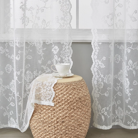French Rose Floral Lace Curtains Sheer Window Drapes Scalloped Edge Rod Pocket Elegant Breathable Polyester