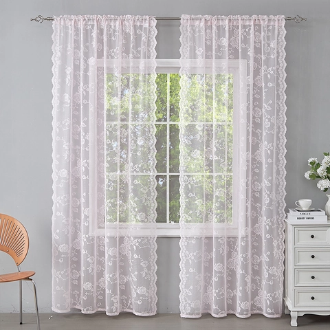 French Romantic Rose Embroidery Lace Curtains Rod Pocket Semi Sheer Window Screen With Scalloped Edge For Bedroom Living Room