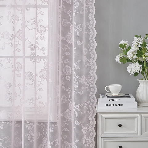 French Romantic Rose Embroidery Lace Curtains Rod Pocket Semi Sheer Window Screen With Scalloped Edge For Bedroom Living Room
