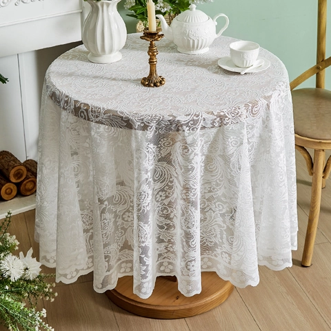 Round Lace Tablecloth French Pastoral Floral Jacquard Scalloped Edge Non-Slip Anti-Scald Home Dining Decor