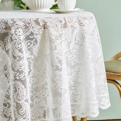 Round Lace Tablecloth French Pastoral Floral Jacquard Scalloped Edge Non-Slip Anti-Scald Home Dining Decor