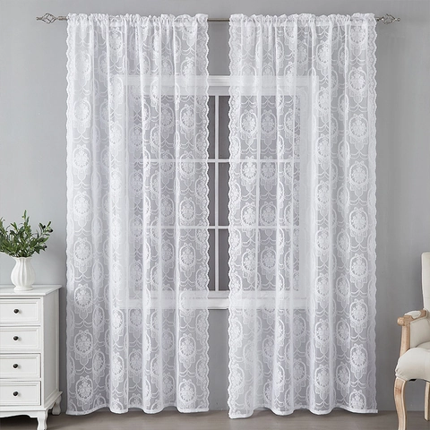 French Vintage Butterfly Floral Lace Curtains Sheer Tulle Window Drapes Rod Pocket Light Filtering For Living Room