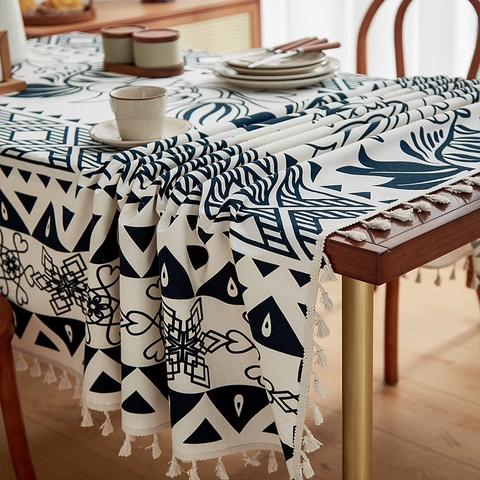 Bohemian Floral Geometric Print Tablecloth Rectangular Cotton Polyester Blend With Tassel Edge Nordic Style Dining Room Decor