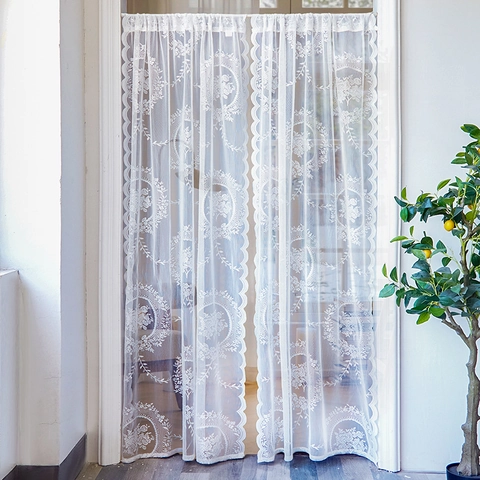 French Vintage White Lace Door Curtain Embroidered Floral Sheer Privacy Divider Screen For Bedroom Living Room Home Decor