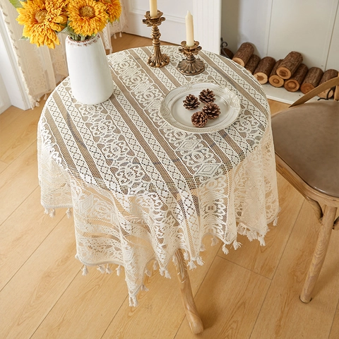 Französische Retro Beige Spitze Tischdecke Verdickt Hohl Geschnitten Quaste Rund Rechteck Tischdecke Für Home Dining Dekor