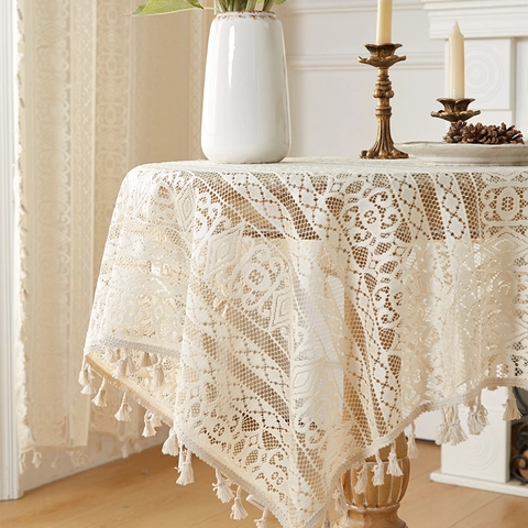Nappe En Dentelle Crochet Ajouré Glands Beige Bohème Vintage Rectangulaire Couverture De Table À Manger