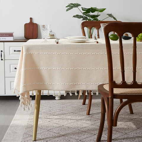 Mantel Bohemio de Algodón y Lino Con Borlas Cubierta de Mesa de Comedor Rectangular Bordada Nórdica para Decoración Hogar Cocina
