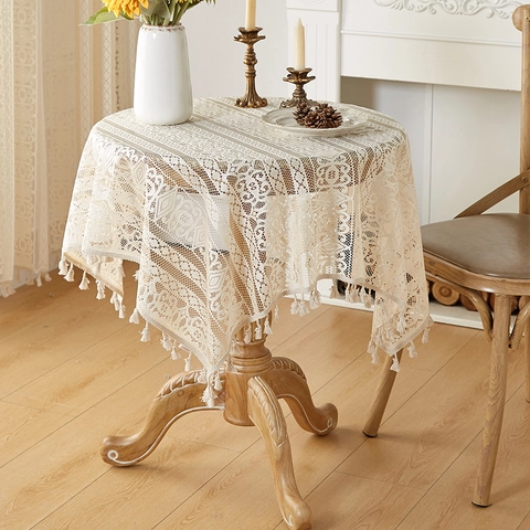 Nappe En Dentelle Crochet Ajouré Glands Beige Bohème Vintage Rectangulaire Couverture De Table À Manger