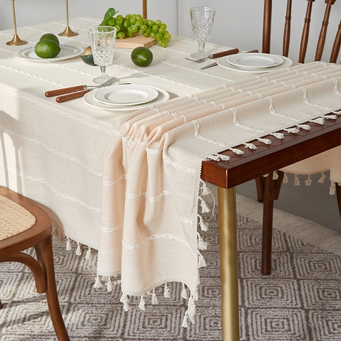 Rectangular Tablecloth Cotton Polyester Blend Embroidery Tassels Dustproof Heat Resistant Nordic Bohemian Style Home Decor