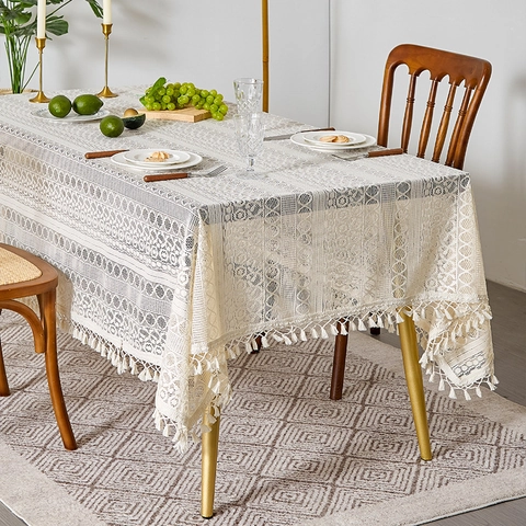 Lace Tablecloth Hollow Out Crochet Rectangle With Tassels Beige Bohemian Farmhouse Dustproof Decorative Table Cover