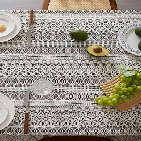 Lace Tablecloth Hollow Out Crochet Rectangle With Tassels Beige Bohemian Farmhouse Dustproof Decorative Table Cover