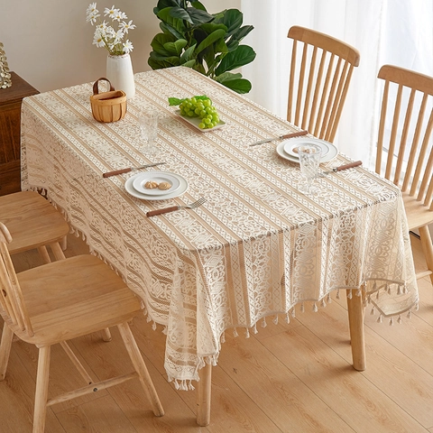 Beige Lace Tablecloth Hollow Crochet Tassel Edge Bohemian Vintage Rectangular Dustproof Table Cover Pastoral Decor