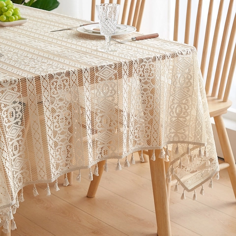 Beige Lace Tablecloth Hollow Crochet Tassel Edge Bohemian Vintage Rectangular Dustproof Table Cover Pastoral Decor