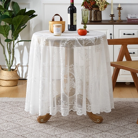 Tovaglia in Pizzo Pastorale Francese Tonda Quadrata Ricamo Floreale Bordo con Volant Antiscivolo Resistente al Calore Arredo