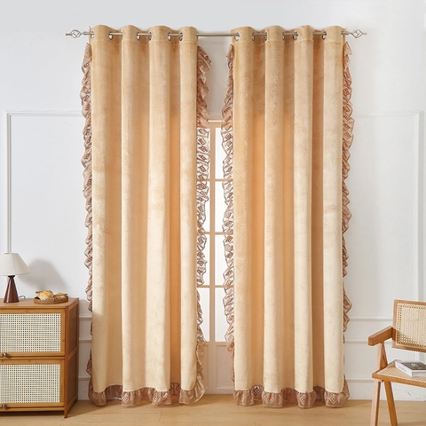 Solid Velvet Blackout Curtains With Lace Trim Grommet Top Thermal Insulated Curtains For Living Room Bedroom Window Drapes