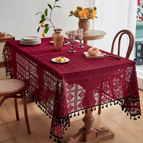 Mantel de Ganchillo Calado Vintage Con Borlas Diseño de Encaje Geométrico de Rombos Antipolvo Para Mesa de Comedor