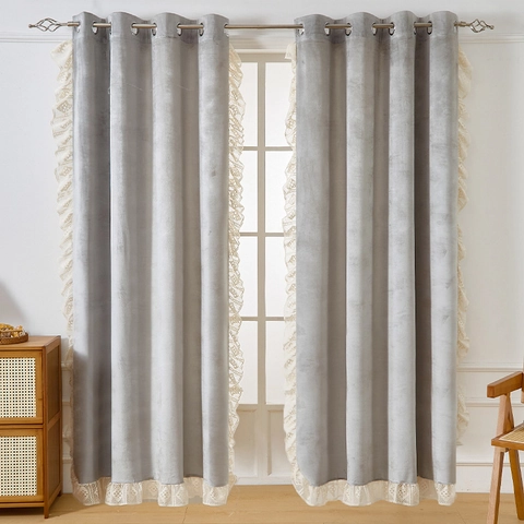 Solid Color Blackout Curtain French Vintage Ruffle Window Treatment Polyester Chenille Velvet Drape With Lace Edge For Bedroom