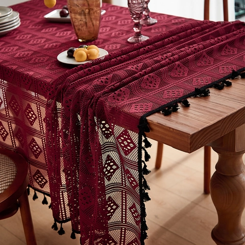 Mantel de Ganchillo Calado Vintage Con Borlas Diseño de Encaje Geométrico de Rombos Antipolvo Para Mesa de Comedor
