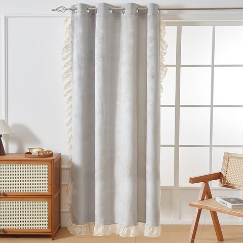 Solid Color Blackout Curtain French Vintage Ruffle Window Treatment Polyester Chenille Velvet Drape With Lace Edge For Bedroom