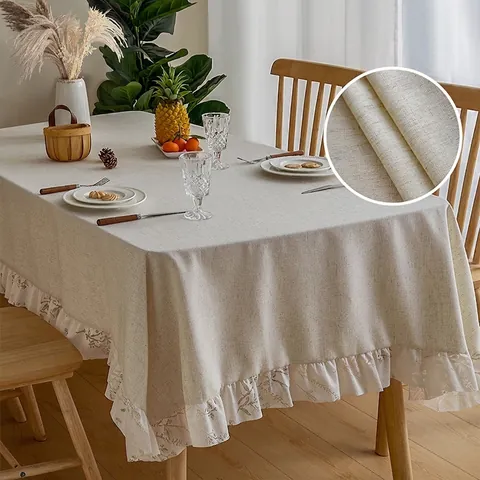 Tovaglia In Lino E Cotone Rettangolare Tinta Unita Con Bordo A Volant In Pizzo Ricamo Botanico Copertura Per Tavolo Da Pranzo