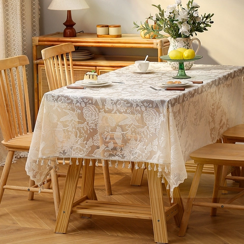 Bohemian Lace Tablecloth Hollow Out Floral Bird Pattern With Tassels French Vintage Rectangular Dustproof Table Cover