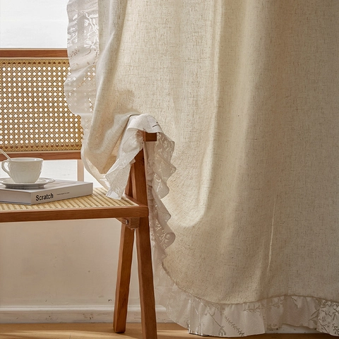 Vintage Linen Texture Beige Curtains With Ruffles And Floral Lace Rod Pocket Semi Shading Window Curtains For Living Room Bedroom