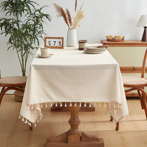Vintage Pastorale Rechteckige Tischdecke Baumwoll-Leinen-Mischung Staubdicht Dekorative Tischdecke Mit Quasten Für Zuhause Küche