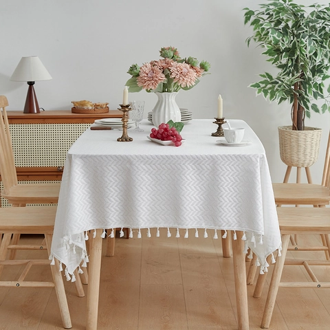 Tablecloth Cotton Linen Polyester Herringbone Pattern Tassels Japanese Retro Nordic Minimalist Rectangle Dustproof Decorative