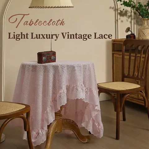 Rosa Spitze Tischdecke Hohl Gehäkelt Rüschenrand Französisches Retro Polyester Staubdicht Tischschutz Für Esstisch