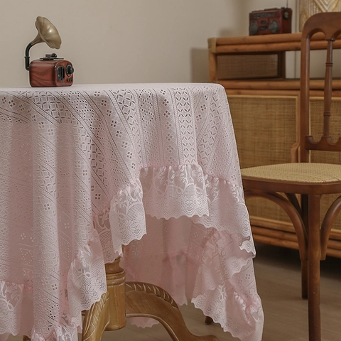 Rosa Spitze Tischdecke Hohl Gehäkelt Rüschenrand Französisches Retro Polyester Staubdicht Tischschutz Für Esstisch