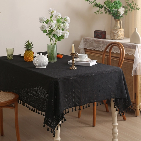 American Rustic Hollow Lace Tablecloth Rectangular Synthetic Fiber Tassel Fringe Table Cloth For Dining Room Picnic Wedding Party Home Decor
