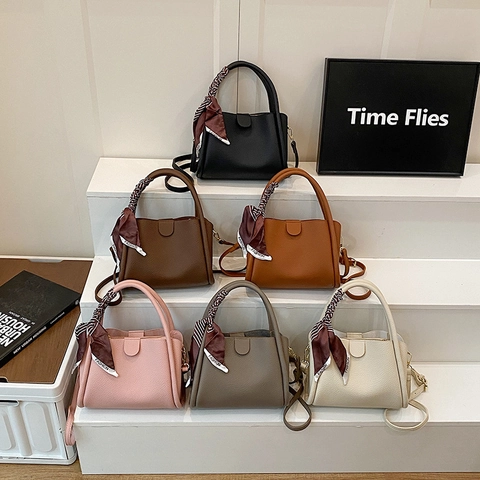 Women Bucket Handbag PU Leather Litchi Pattern Crossbody Bag With Scarf Decor Adjustable Shoulder Strap Commuter Versatile