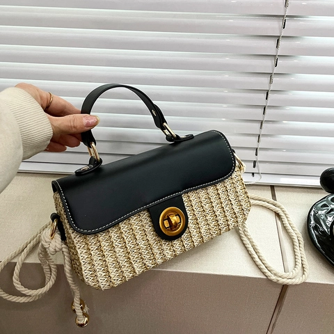 Women Vintage Straw Patchwork Crossbody Bag With PU Leather Flap And Rope Strap Small Square Handbag For Summer Vacation