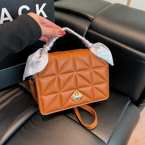 Women Geometric Quilted Crossbody Handbag PU Leather Satin Scarf Wrap Handle Golden Lock Fashion Square Purse Daily Use