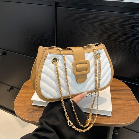 Women Quilted Crossbody Bag PU Leather Patchwork Chevron Pattern Chain Strap Square Buckle Shoulder Bag Casual Elegant Trendy