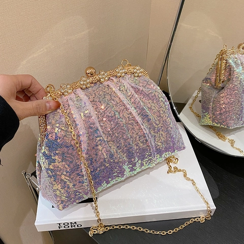 Borsa da Sera a Conchiglia con Paillettes Sirena Chiusura a Fiore in Strass Catena in Metallo Tracolla per Donna Festa Matrimonio