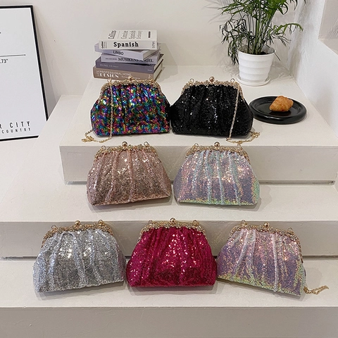 Borsa da Sera a Conchiglia con Paillettes Sirena Chiusura a Fiore in Strass Catena in Metallo Tracolla per Donna Festa Matrimonio