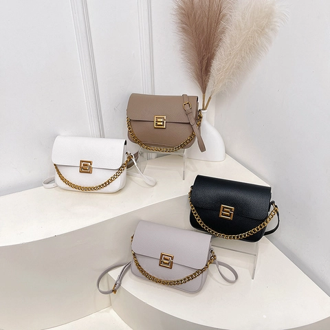 Women Lychee Pattern PU Leather Shoulder Bag Retro Small Square Crossbody Bag With Gold Chain And Square Buckle