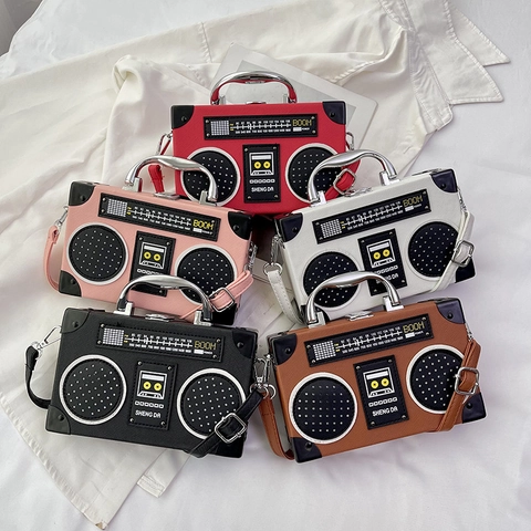 Retro Radio Shaped Crossbody Bag PU Leather Vintage Novelty Handbag For Women With Metal Accents And Adjustable Strap