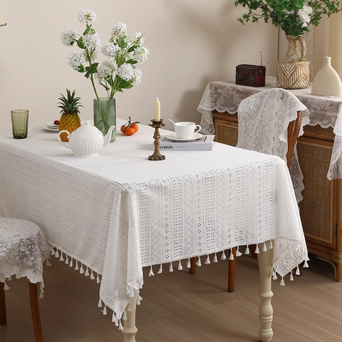 Tovaglia In Pizzo Uncinetto Traforato Geometrico Rettangolare Copertura Tavolo Con Bordo A Nappine Per Sala Da Pranzo Arredo Casa