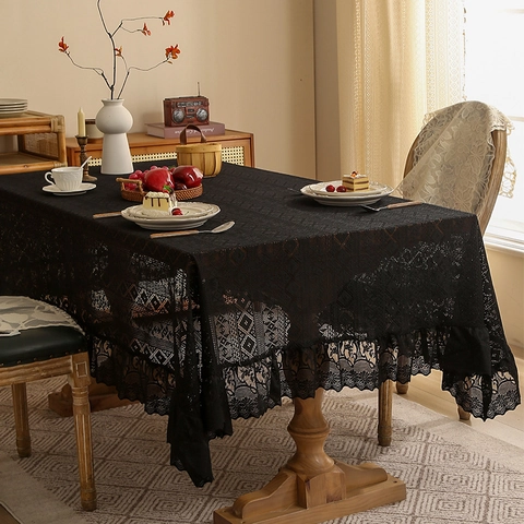 Retro Lace Tablecloth Polyester Hollow Out Ruffle Edge Nordic Luxury Dining Coffee Table Decor Rectangular Bohemian