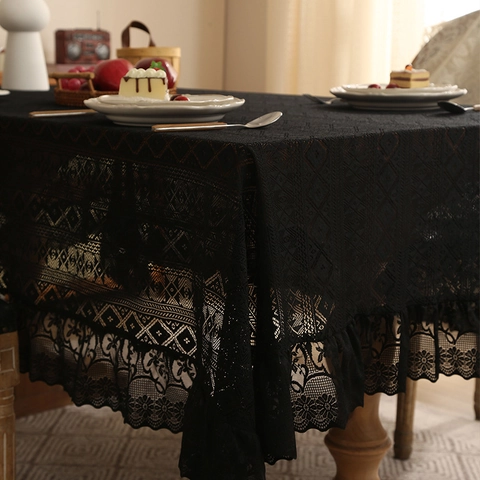 Retro Lace Tablecloth Polyester Hollow Out Ruffle Edge Nordic Luxury Dining Coffee Table Decor Rectangular Bohemian