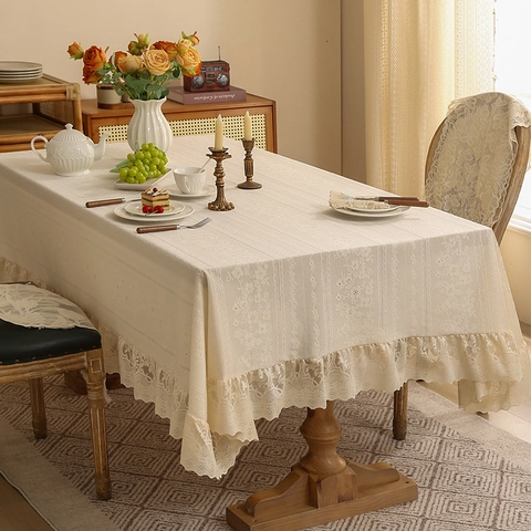 French Retro Lace Tablecloth With Ruffle Edge Embroidered Floral Hollow Out Dustproof Nordic Luxury Dining Table Cover