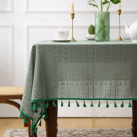 American Country Hollow Lace Tablecloth Rectangular Tassel Picnic Cloth Synthetic Fiber Geometric Pattern Table Cover
