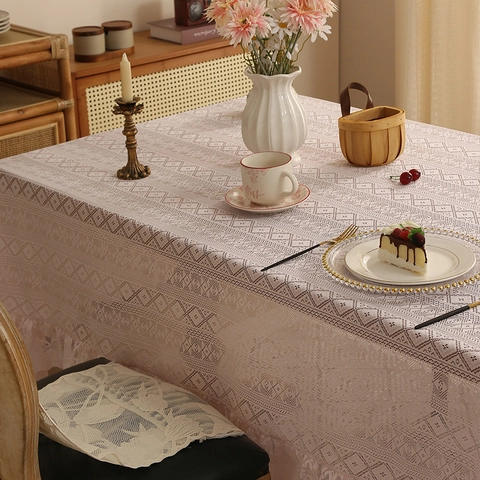 Lace Tablecloth With Ruffled Border Vintage Nordic Luxury Hollow Out Polyester Table Cover For Home Dining Room Decor
