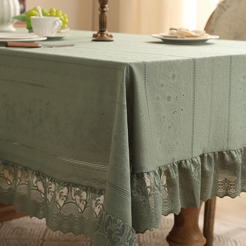 Retro French Style Rectangular Tablecloth Polyester With Lace Edge Hollow Out Jacquard For Dining Room Home Decor