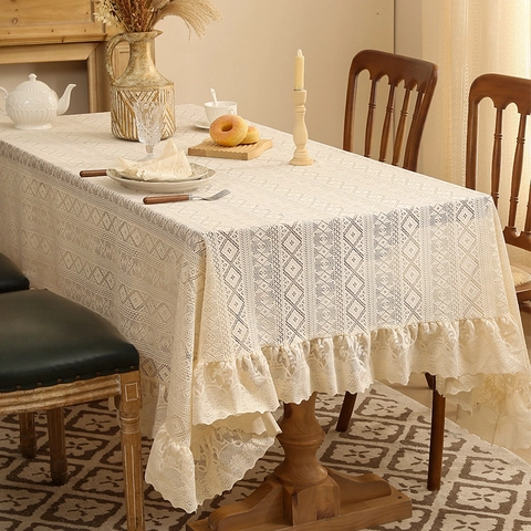 Lace Tablecloth Hollow Diamond Pattern Ruffle Edge Polyester Decorative French Retro Table Cover For Dining Room Kitchen